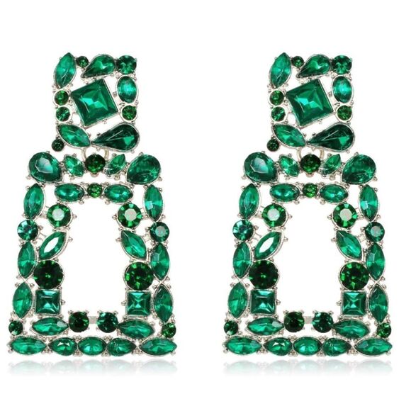 Silver with Emerald Green Crystal Geometric Rectangle Post Back Drop Earrings - Picture 1 of 6